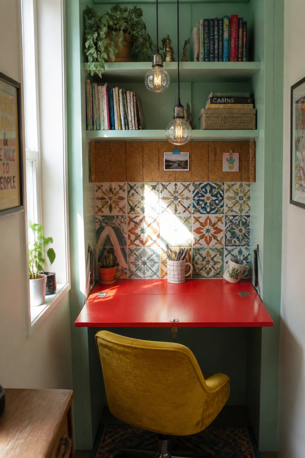 A small built-in desk nook with a red desk surface, yellow chair, overhead green shelves filled with books, and a patterned tile backsplash.