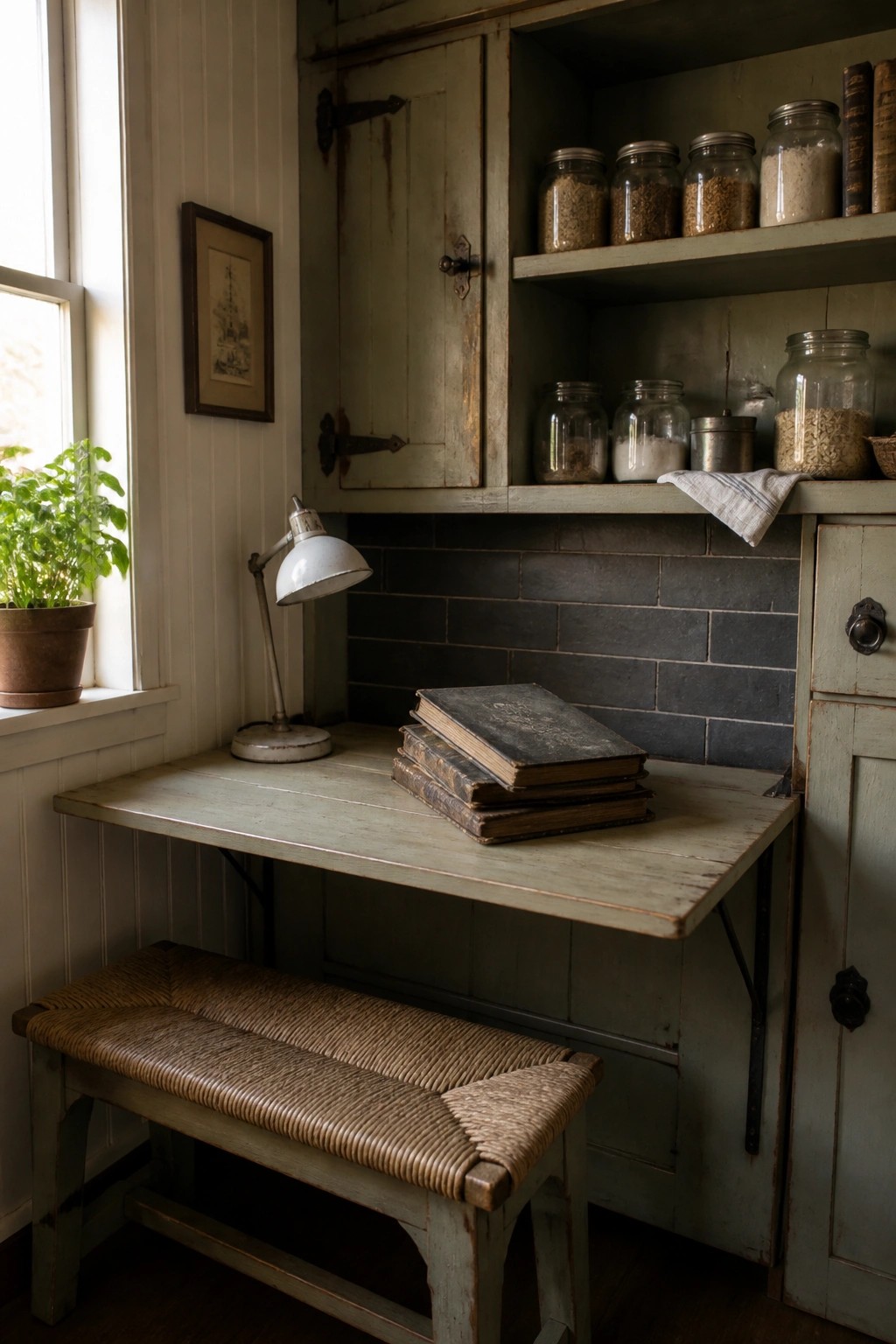 Pale green drop-leaf desk with old books, lamp, woven bench, and jar shelves.