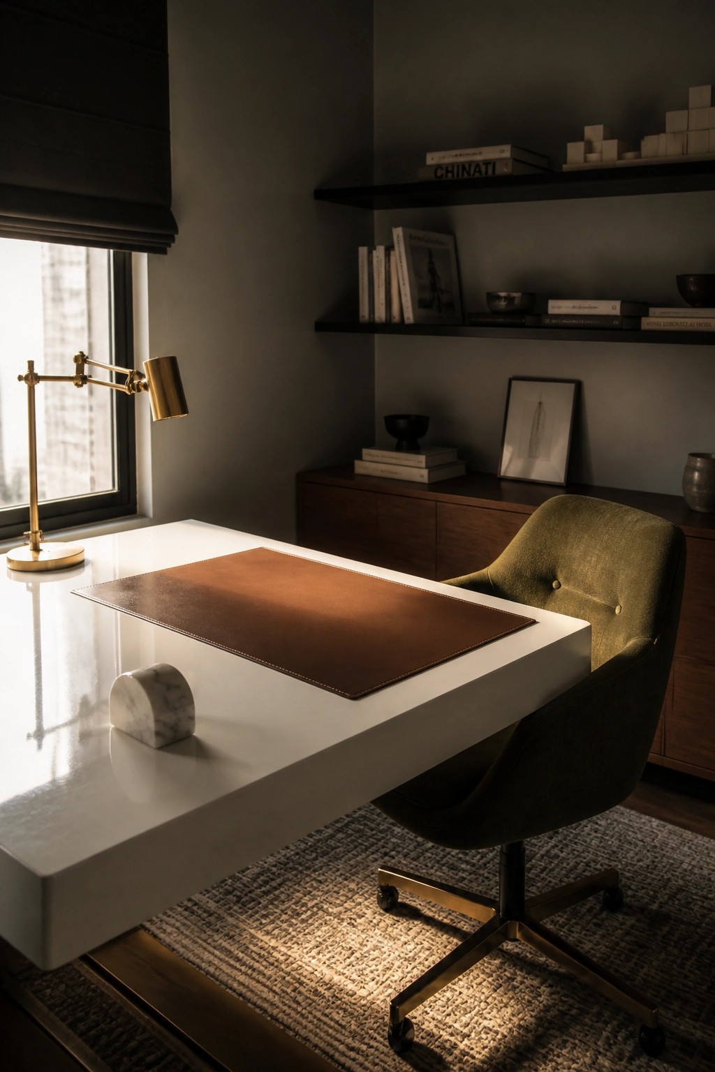 Modern white desk with brown leather mat, olive chair, brass lamp, and floating shelves