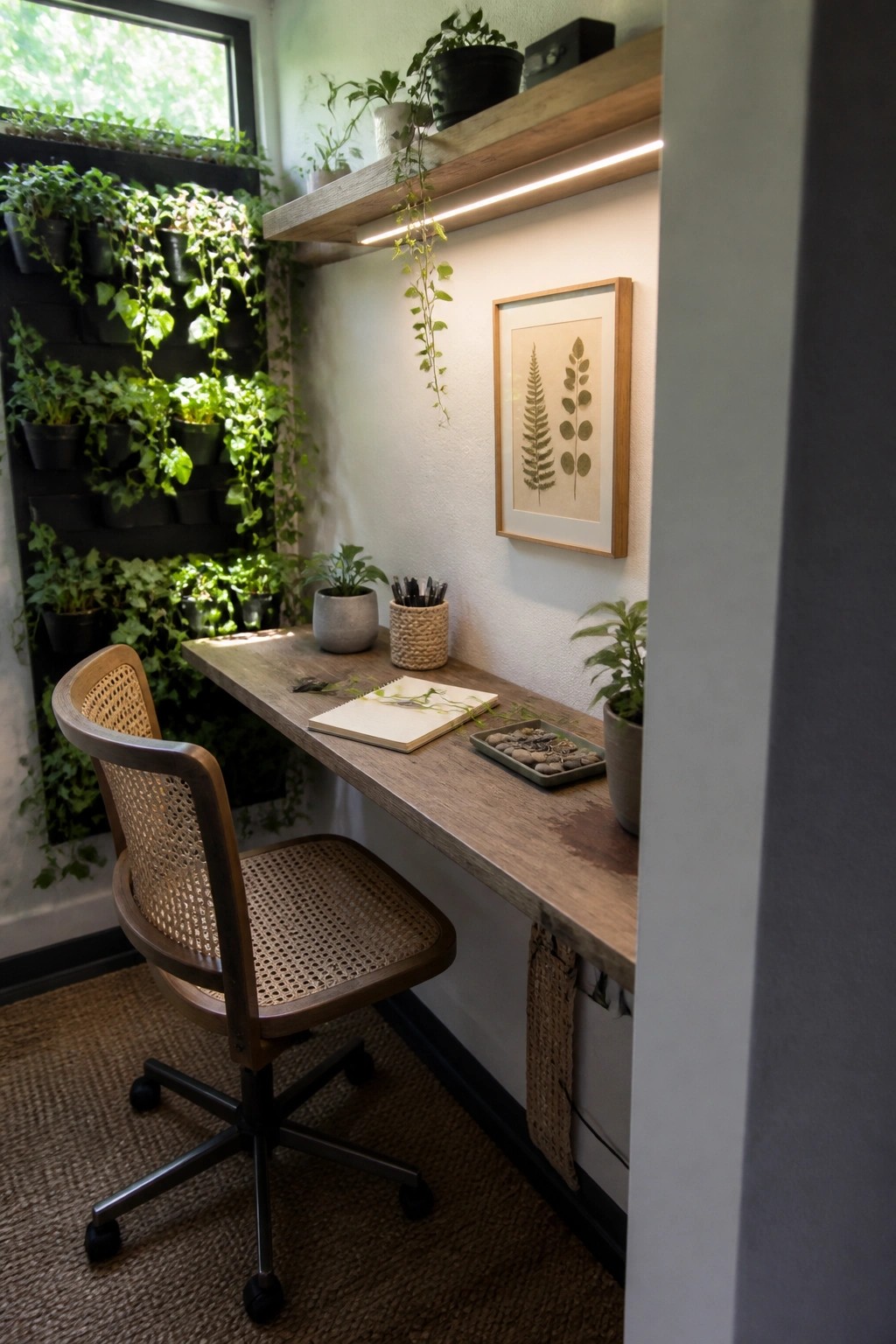A compact home office corner featuring a wooden floating desk, woven chair, and vertical wall of potted plants.