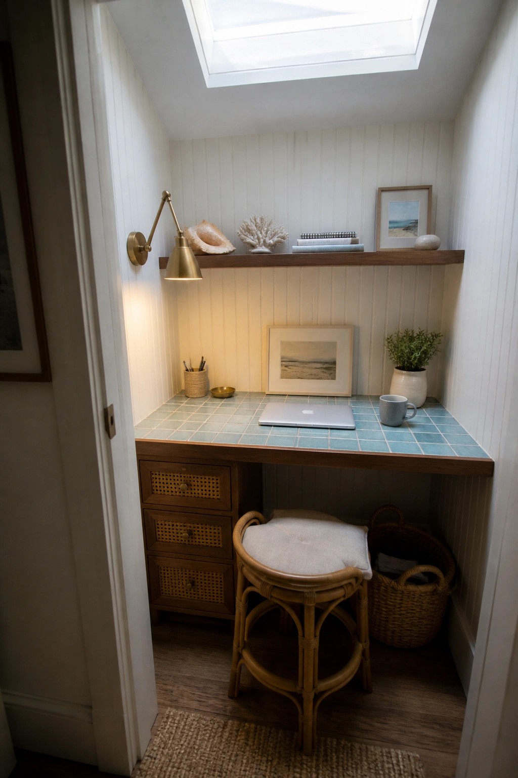 A compact desk with a blue tiled surface sits inside a narrow white alcove under a skylight, with a floating wood shelf above and a rattan stool pulled up to it.
