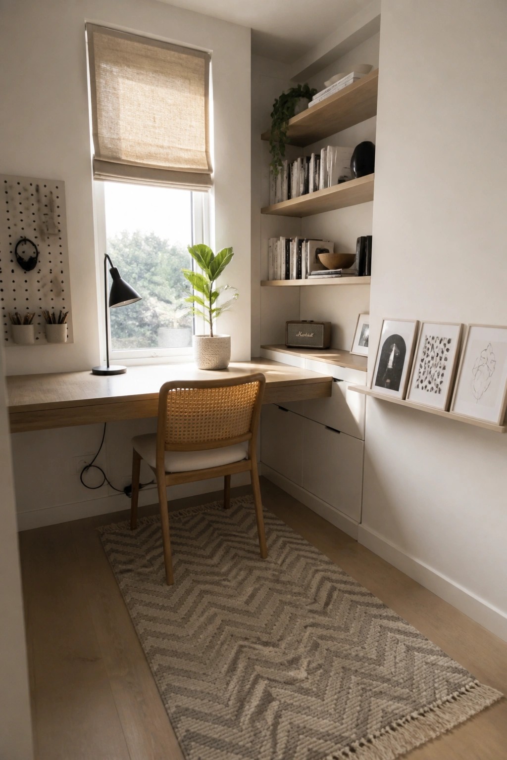 A compact home office features a light wood desk beneath a window with a woven chair, a patterned rug, and floating wooden shelves holding books and small items along the adjacent wall.