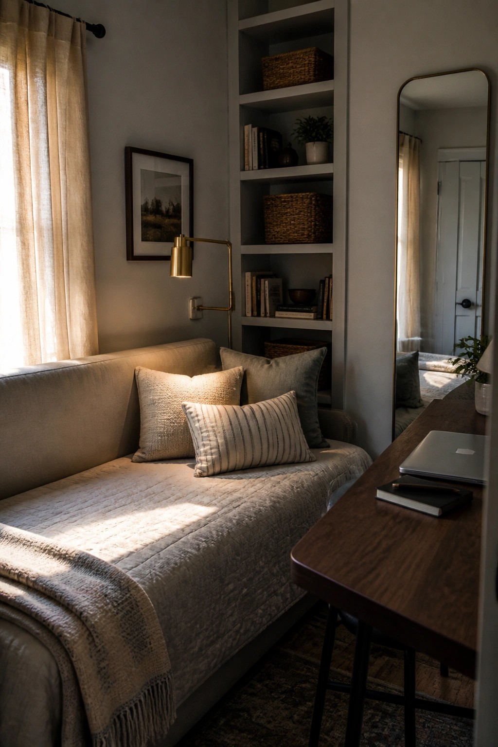 A small room featuring a beige daybed under white built-in shelves filled with books and baskets, a wooden desk with a laptop, and a tall mirror reflecting part of the space.