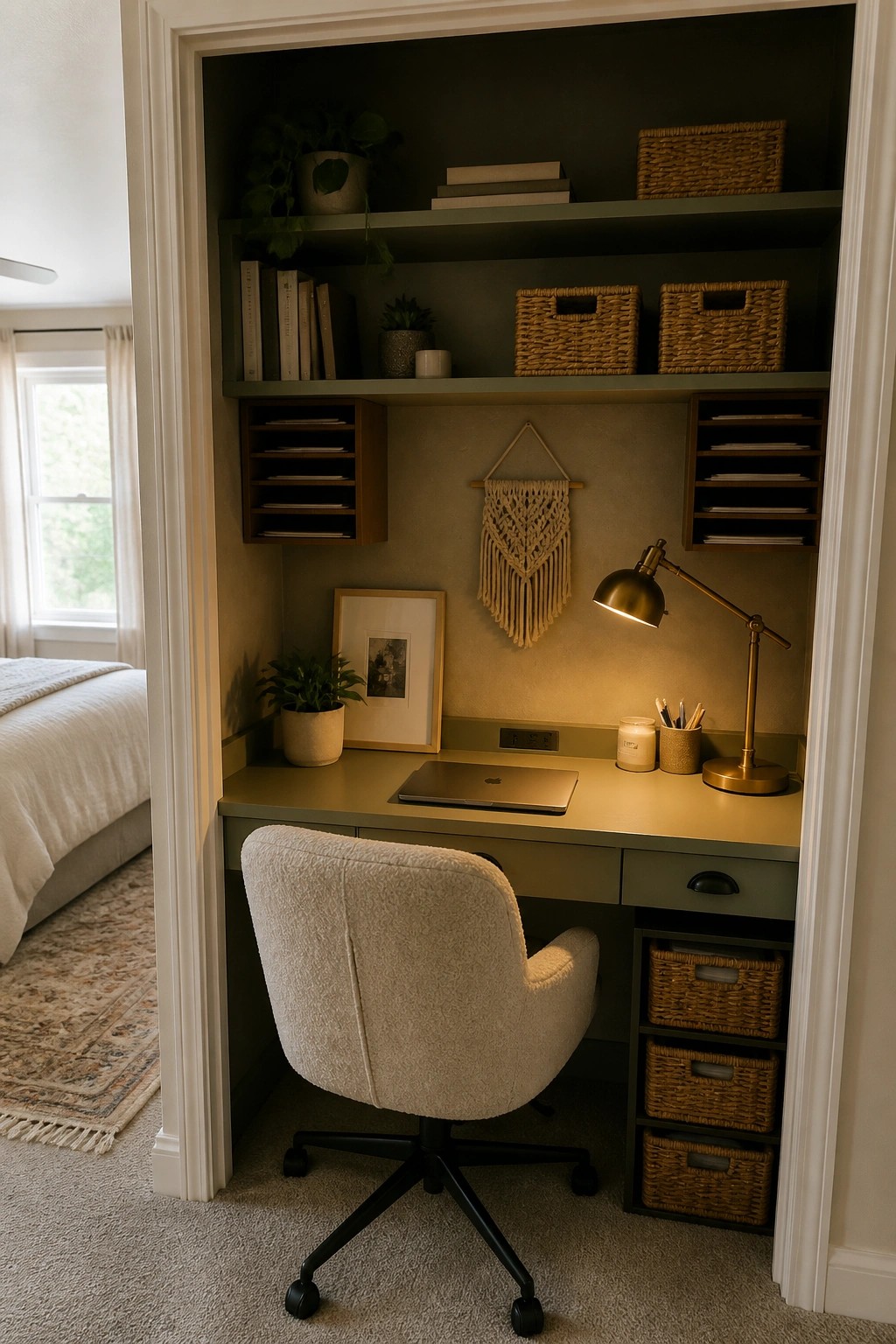 A recessed built-in desk with green shelving, woven baskets, a laptop, and a white chair in a small room.