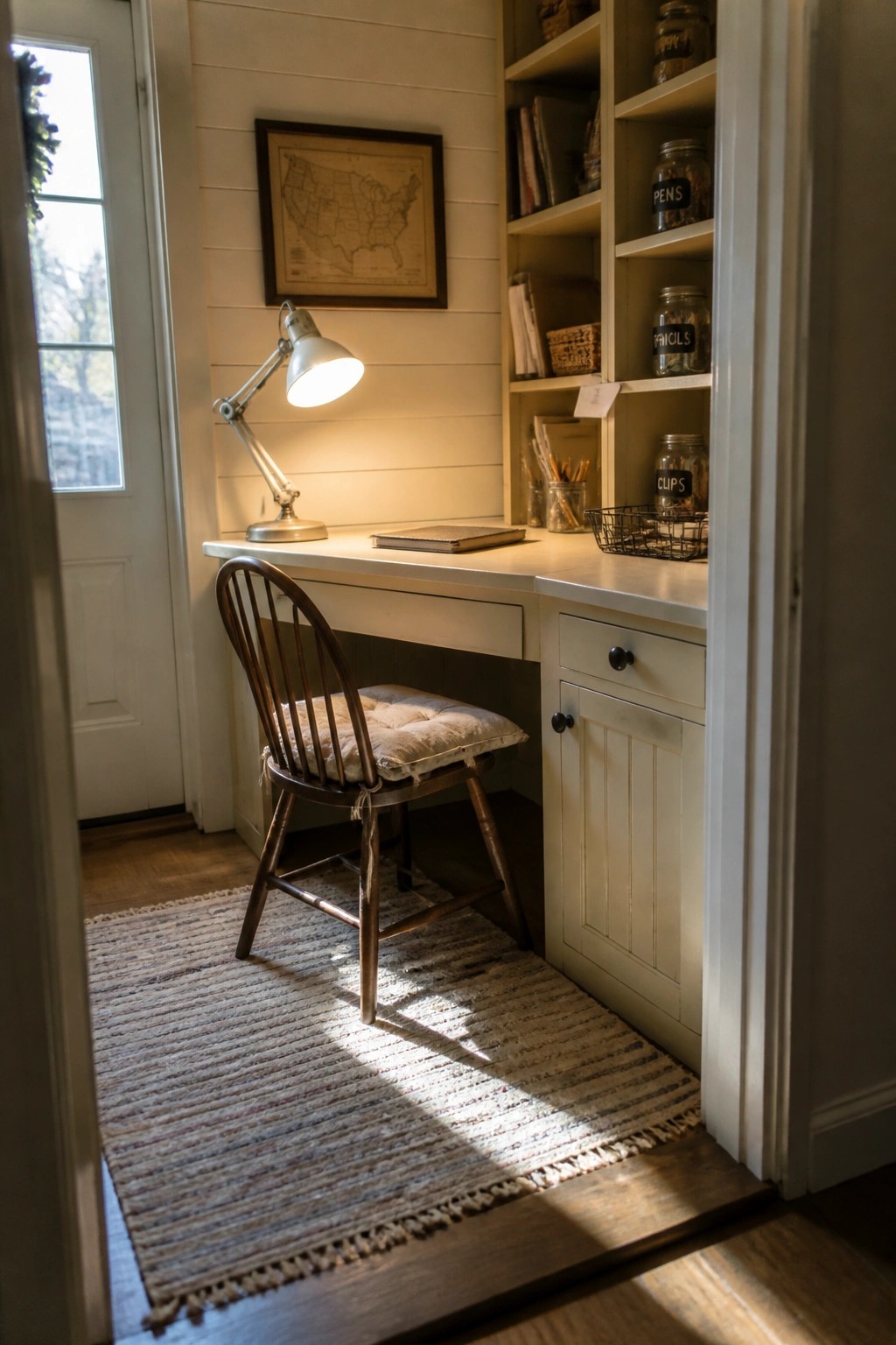 A compact home office nook features a white built-in desk with a wooden chair, an adjustable lamp, and open shelves holding labeled jars and books above and beside the workspace.