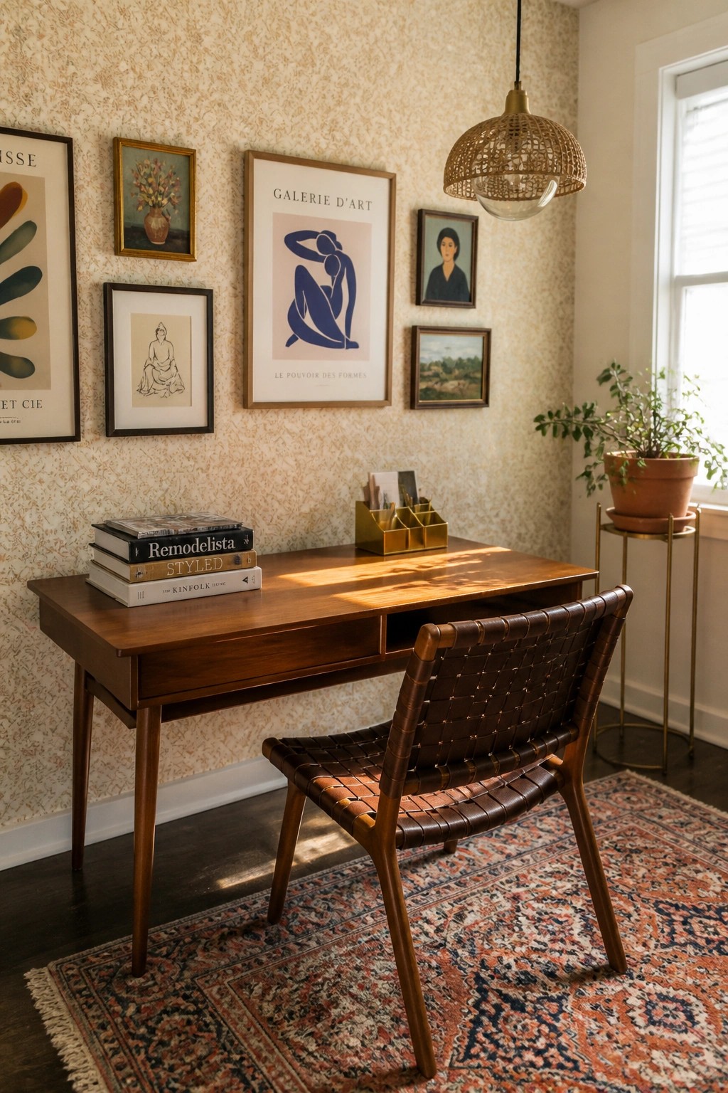 A narrow wooden desk with a woven leather chair is placed against a wallpapered wall displaying multiple framed artworks, with a potted plant visible near a window.