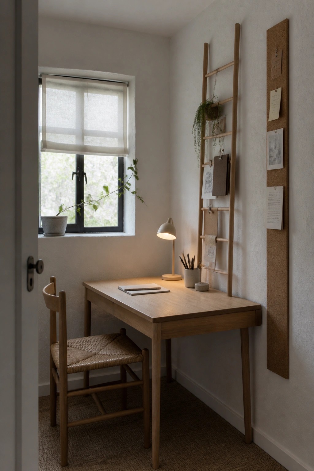 Minimalist wooden desk with woven chair, lit lamp, ladder, and corkboard by window