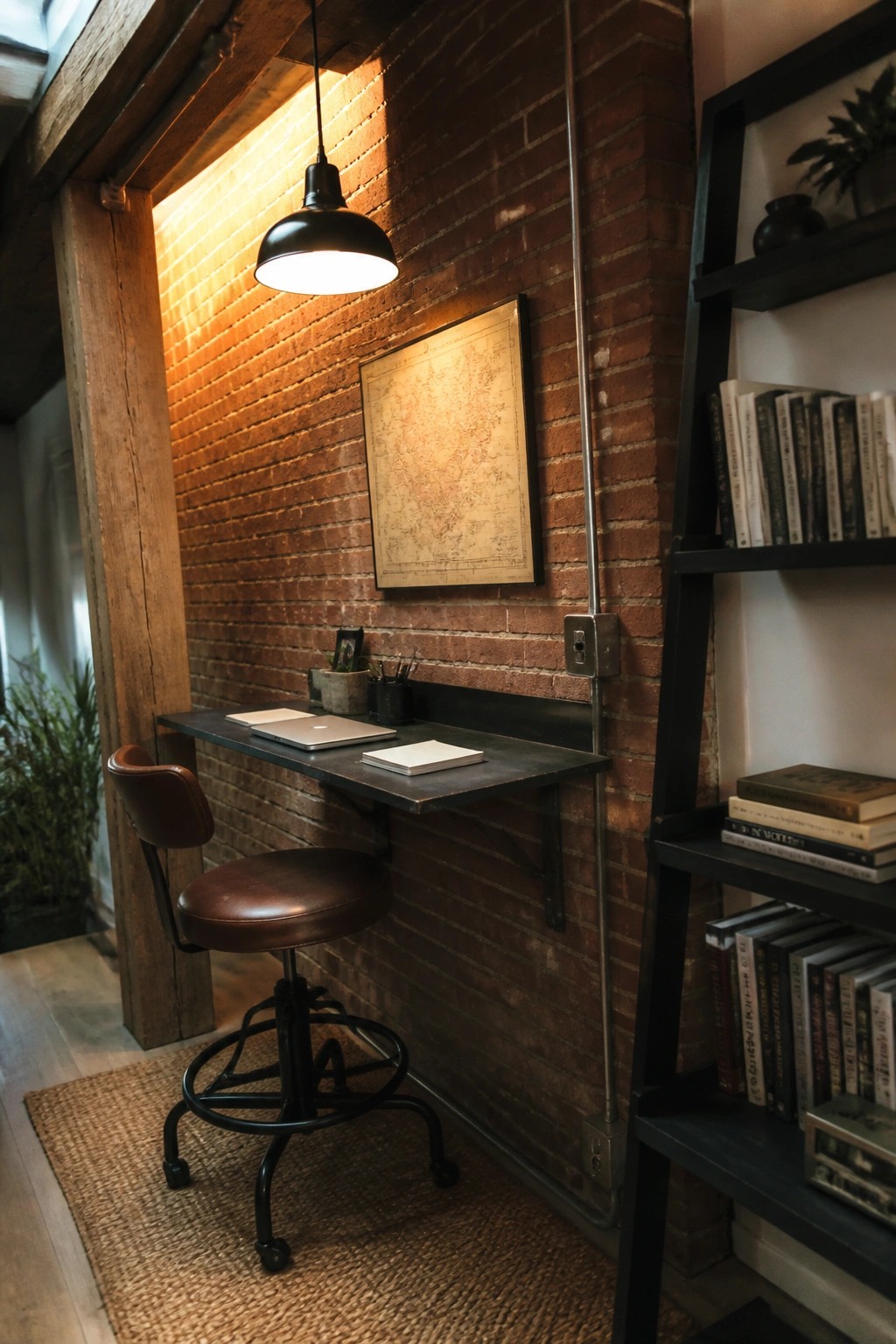A narrow wall-mounted desk with a laptop and notebook is fixed to a red brick wall beneath a black pendant light, with a brown leather stool positioned in front.