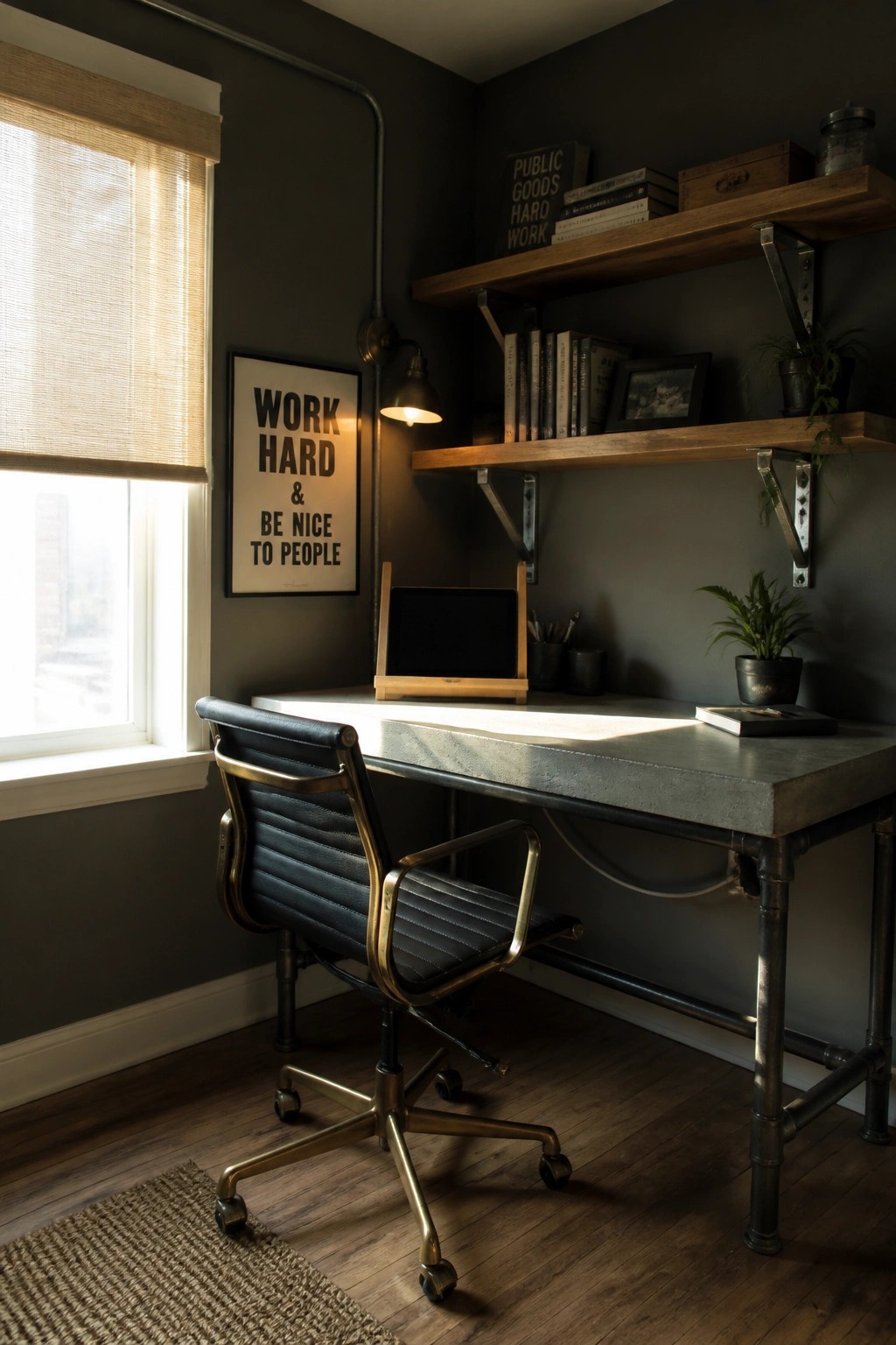 A compact home office with a concrete desk on pipe legs, a black leather chair, wooden floating shelves on a dark wall, and a window with a rolled blind.