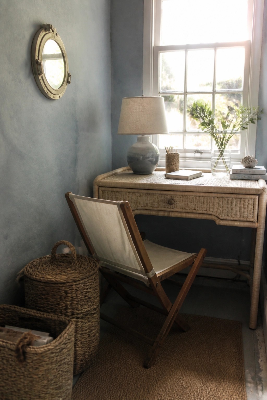 A small corner office with a rattan desk positioned under a window, a wooden folding chair, and two woven baskets on the floor.