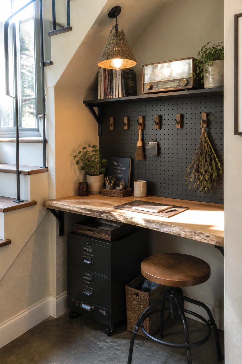A compact wooden desk beneath a black pegboard wall fitted with hooks and hanging items, next to a window and under a shelf holding books and a vintage radio.