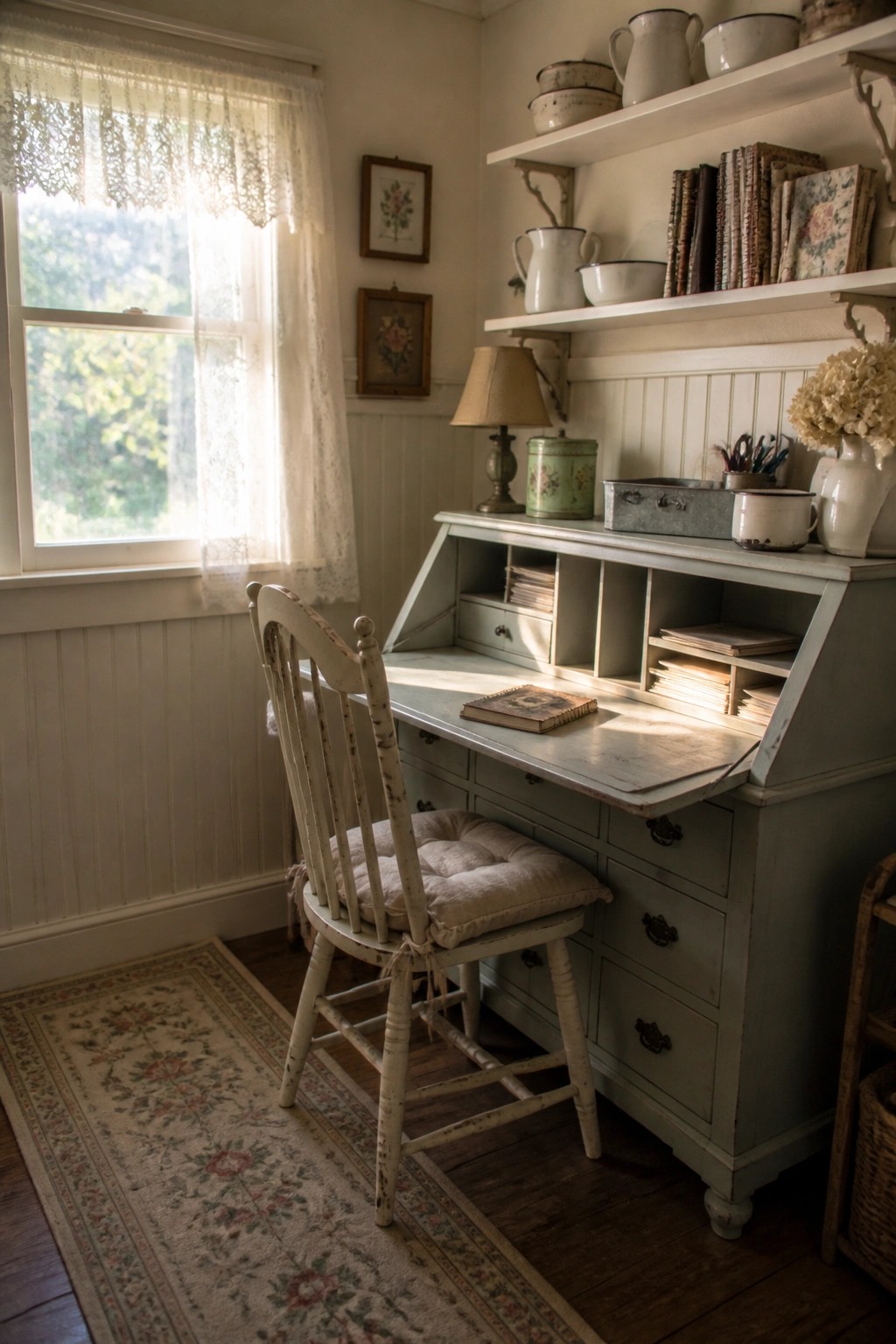 A small home office features a drop-front desk with an open writing surface, a distressed wooden chair, and wall shelves holding books and dishes beside a window with sheer curtains.