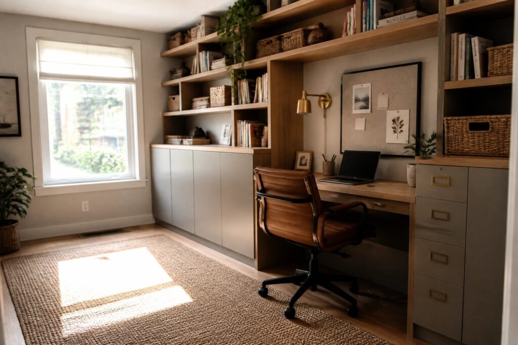 A home office with a long built-in wall unit featuring light wood open shelves above, closed cabinets below, an integrated desk, and a brown leather office chair on a woven rug.