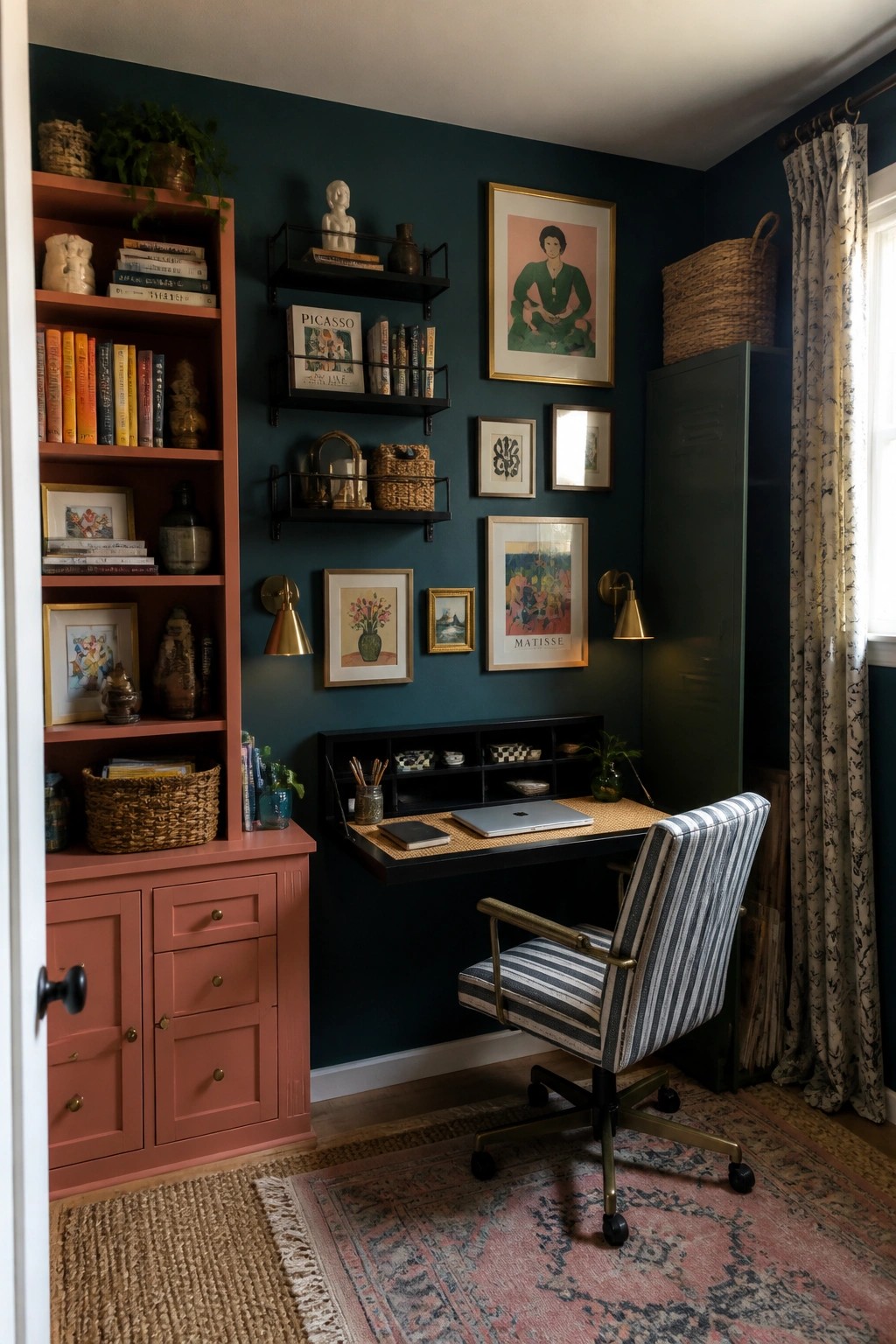 A home office with dark teal walls, black floating shelves holding books and decor, a wall-mounted desk with a laptop, a striped office chair, and a coral cabinet on the left.