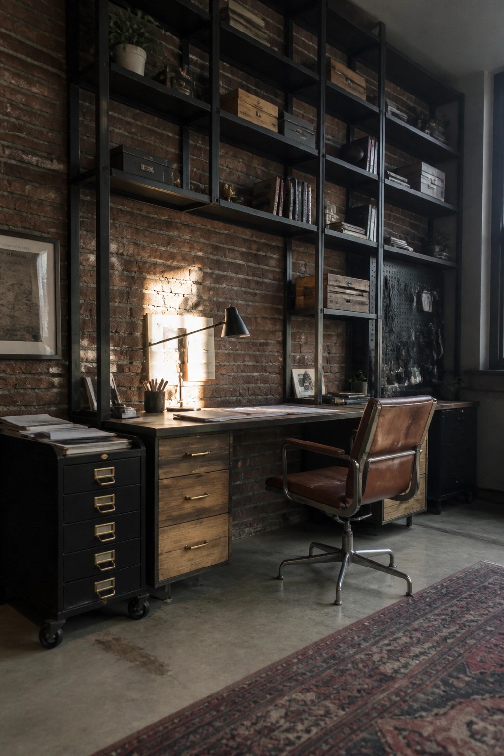 A home office with tall black metal shelving units against a brick wall, holding books and storage boxes above a wooden desk with a brown leather chair.