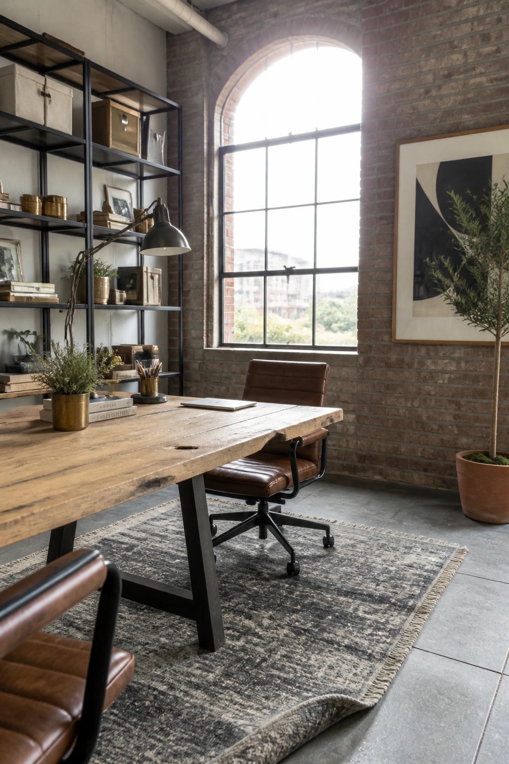 A home office featuring a large reclaimed wood desk with a brown leather office chair, black metal shelving unit, and arched window on an exposed brick wall.