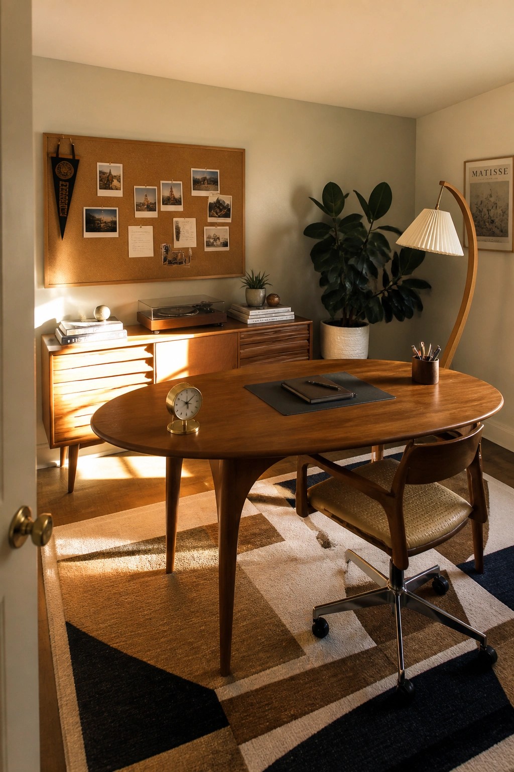 A mid-century wooden oval desk with a rolling chair sits on a geometric brown and beige rug in a sunlit home office with a corkboard above a wooden credenza.
