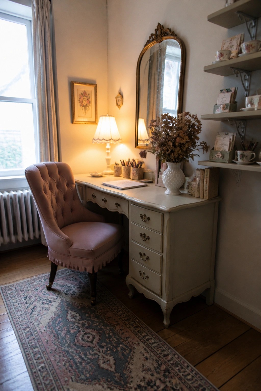 A white vintage desk with multiple drawers sits against a wall, paired with a pink tufted upholstered chair on a patterned rug, with lamps, a mirror, and shelves holding books and teacups visible in the room.
