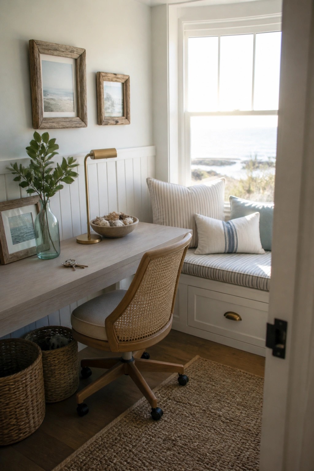 A light wood desk with a woven office chair sits in front of a window with a built-in bench seat that has storage drawers below.