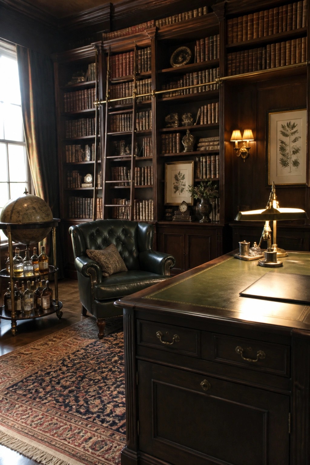 A dark wood home office featuring floor-to-ceiling built-in bookshelves, a large desk with green leather top, and a tufted leather armchair.