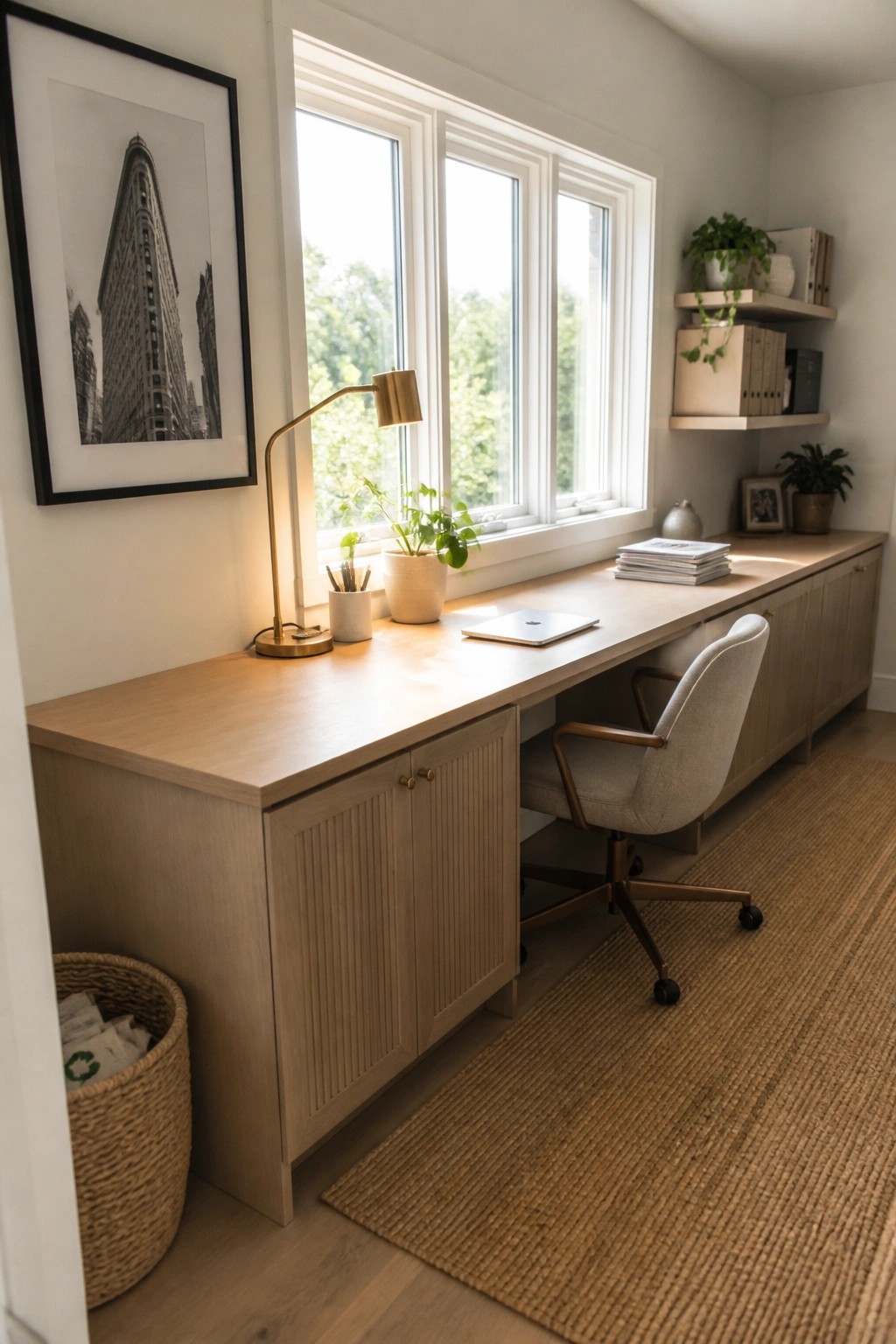A light wood built-in desk with cabinets below runs under three windows in a home office, with a swivel chair and a laptop on the desk surface.