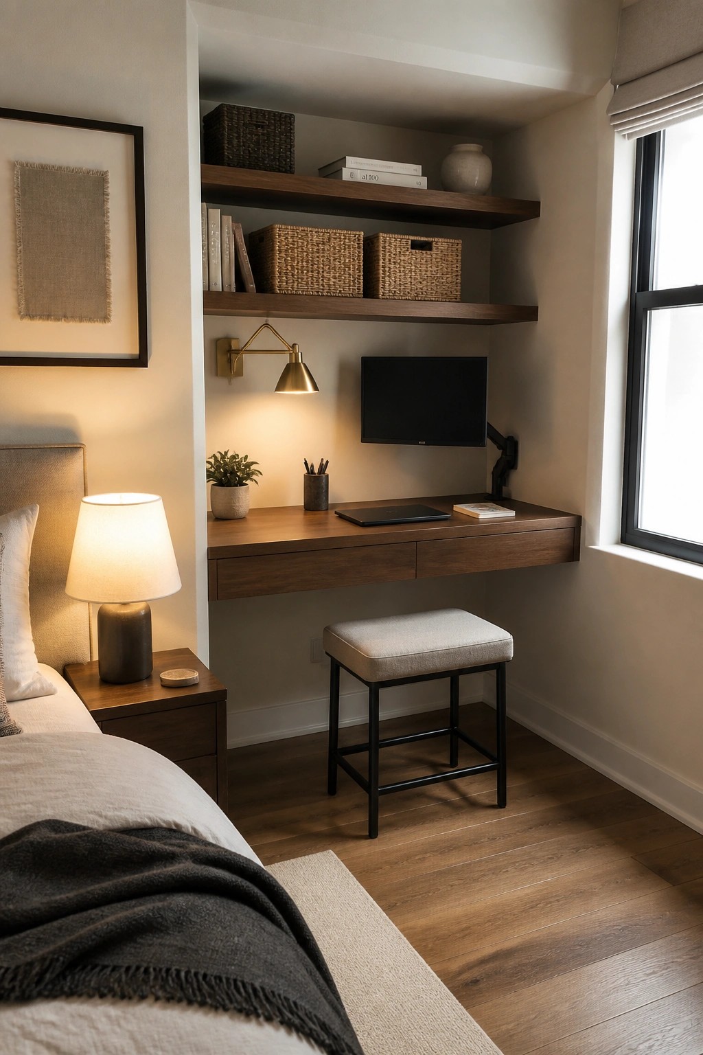 A bedroom with a floating wooden desk and overhead shelves built into an alcove beside the bed, a wall-mounted monitor, and a stool underneath.