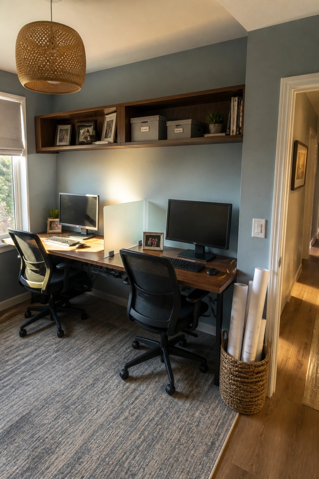 A home office with a long wooden desk against a blue wall, two black office chairs, dual monitors, and floating wooden shelves holding storage bins and framed photos.