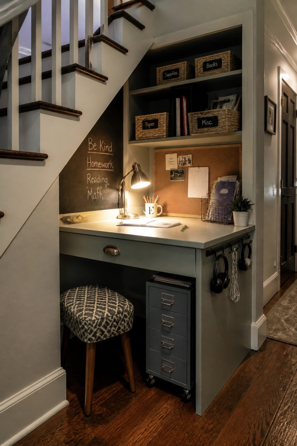 A built-in desk and open shelving unit under a staircase with labeled storage baskets, a chalkboard wall, a desk lamp, and a rolling file cabinet on a wood floor.