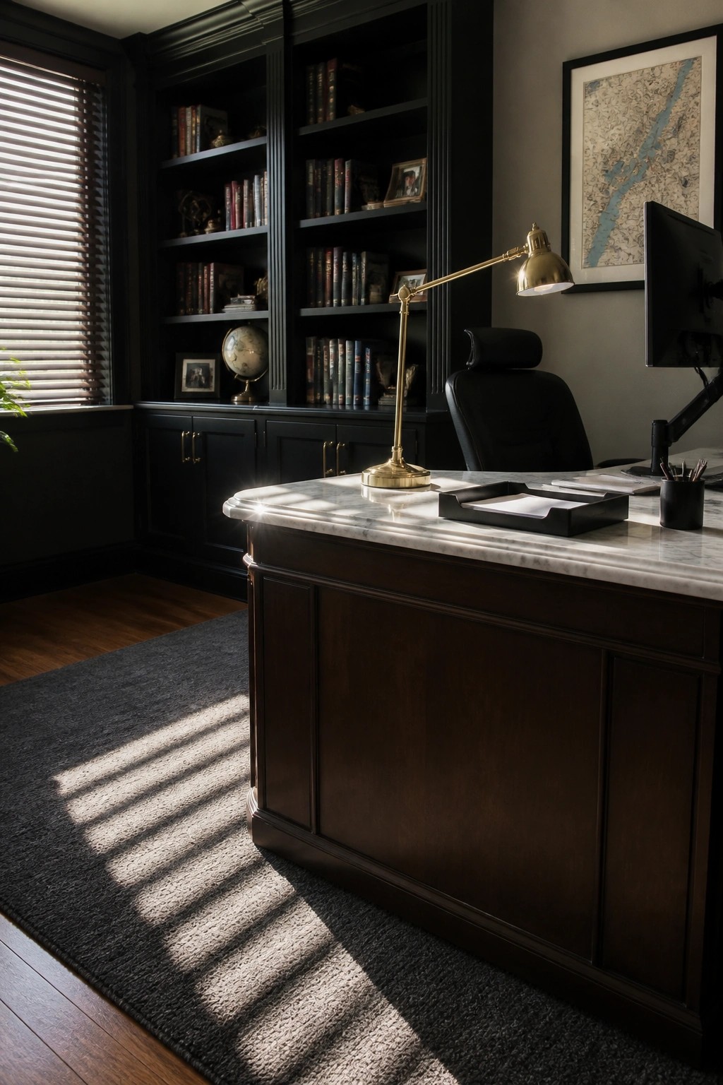 Elegant dark wood desk with marble top, brass lamp, and bookshelves in sunlit office