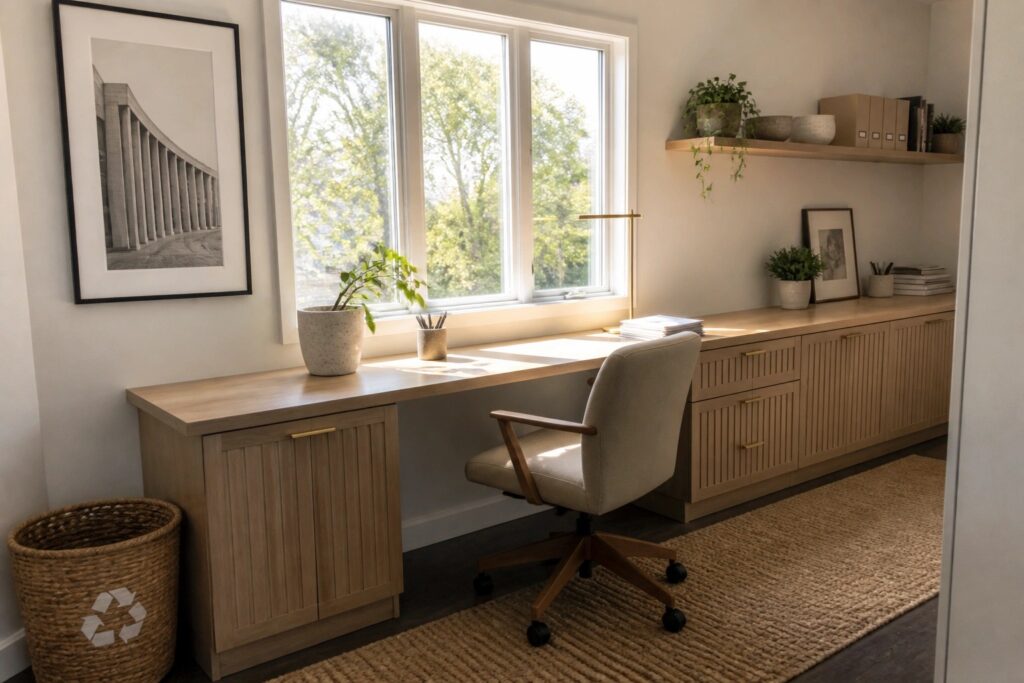 A light wood built-in desk with cabinets below runs under three windows in a home office, with a swivel chair and a laptop on the desk surface.