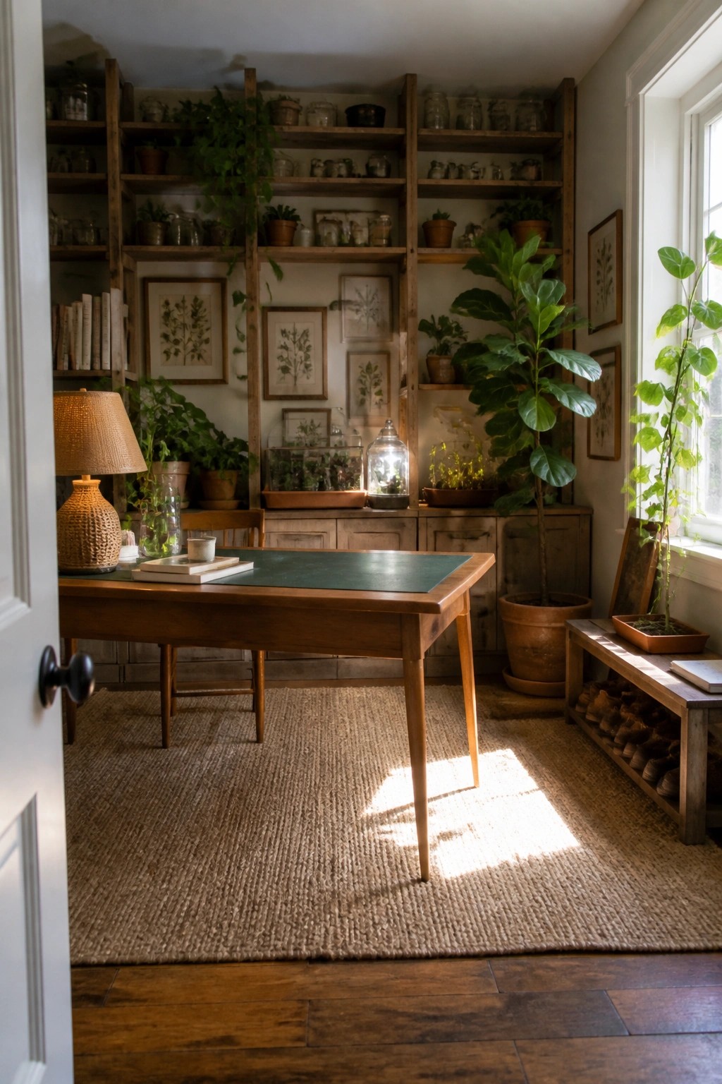 A wooden desk sits on a woven rug in front of tall open wooden shelves filled with potted plants, books, and framed botanical prints, with a large window to the right.