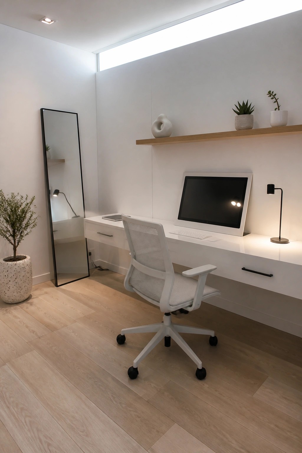 A minimalist white home office featuring a long floating desk with drawers, a white mesh office chair, a computer monitor, and a tall mirror leaning against the left wall.