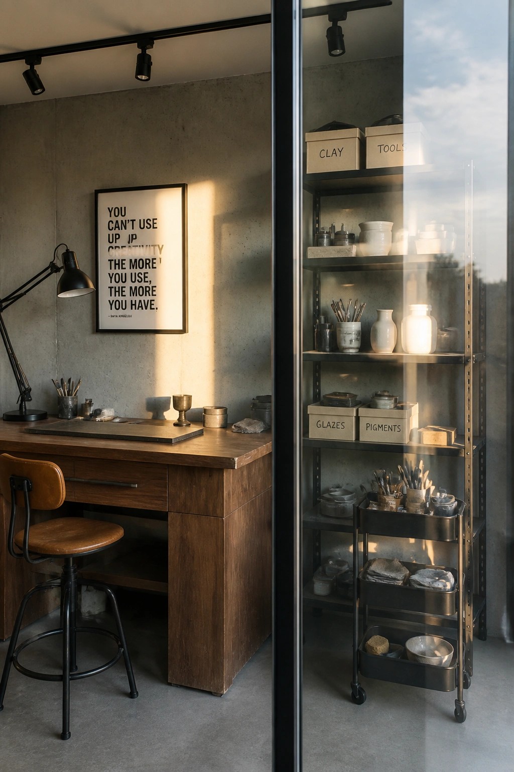 A workspace with a wooden desk, stool, and black lamp next to a glass partition showing metal shelves with pottery supplies, labeled boxes, and a rolling cart.