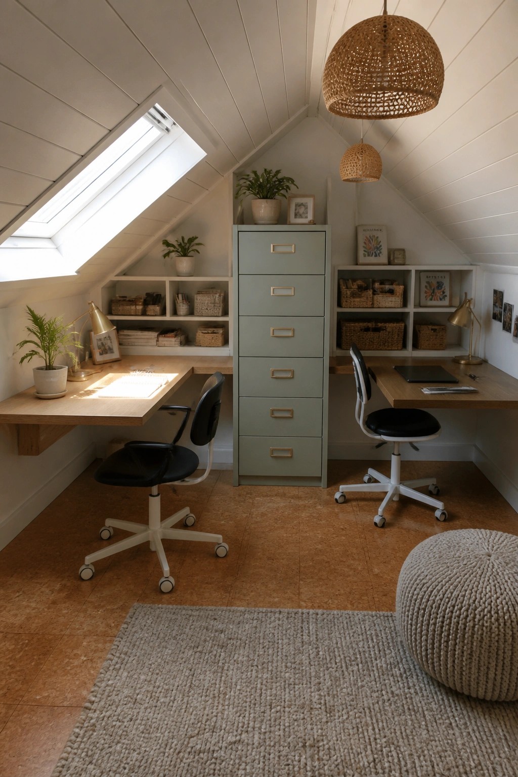 An attic workspace with two desks, black office chairs, a tall sage green cabinet, open shelving, and woven pendant lights under a sloped ceiling with a skylight.