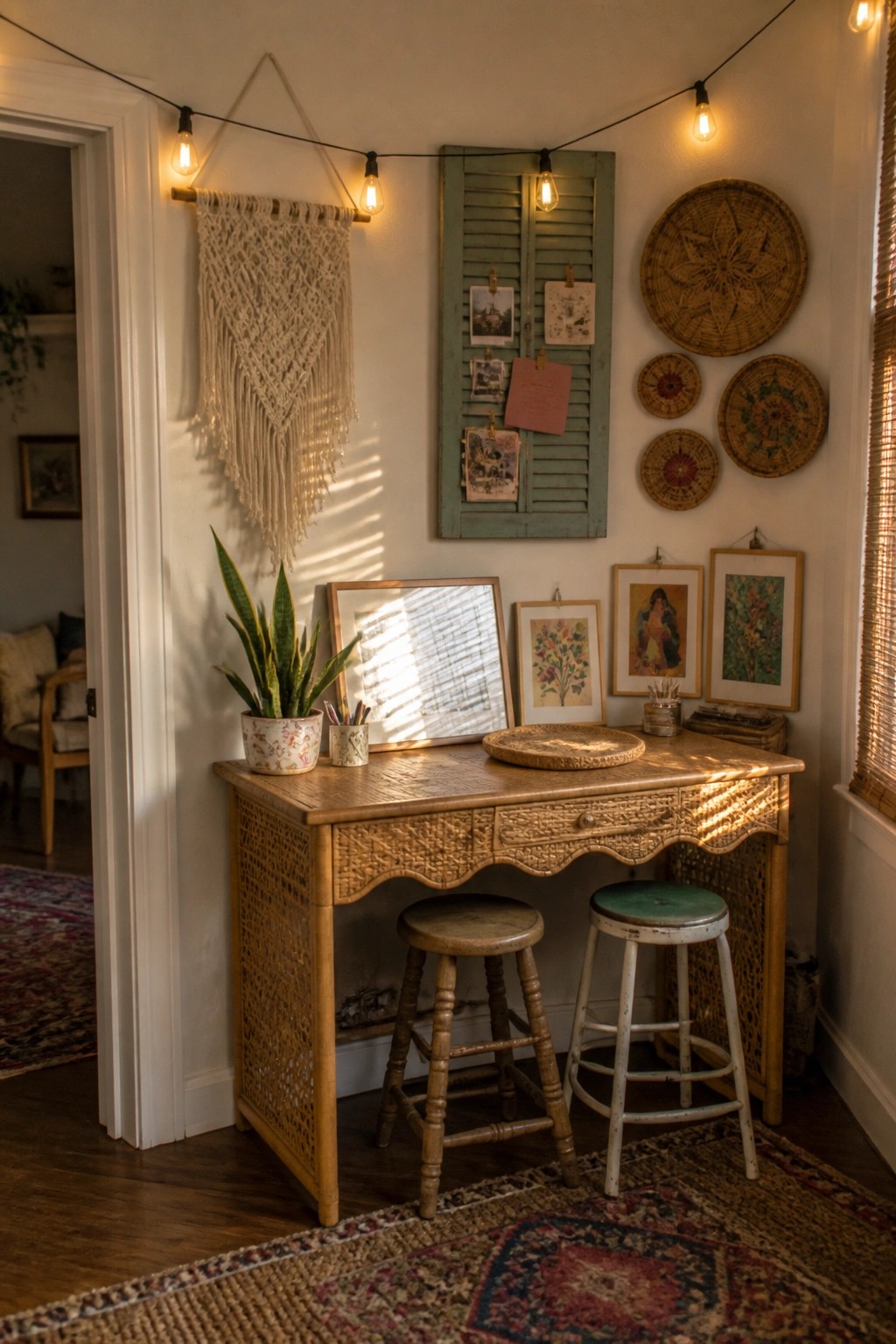 A wooden desk with woven side panels holds a potted plant and art supplies, with two vintage stools tucked underneath, set against a wall with macrame, a green shutter, woven baskets, and framed prints.