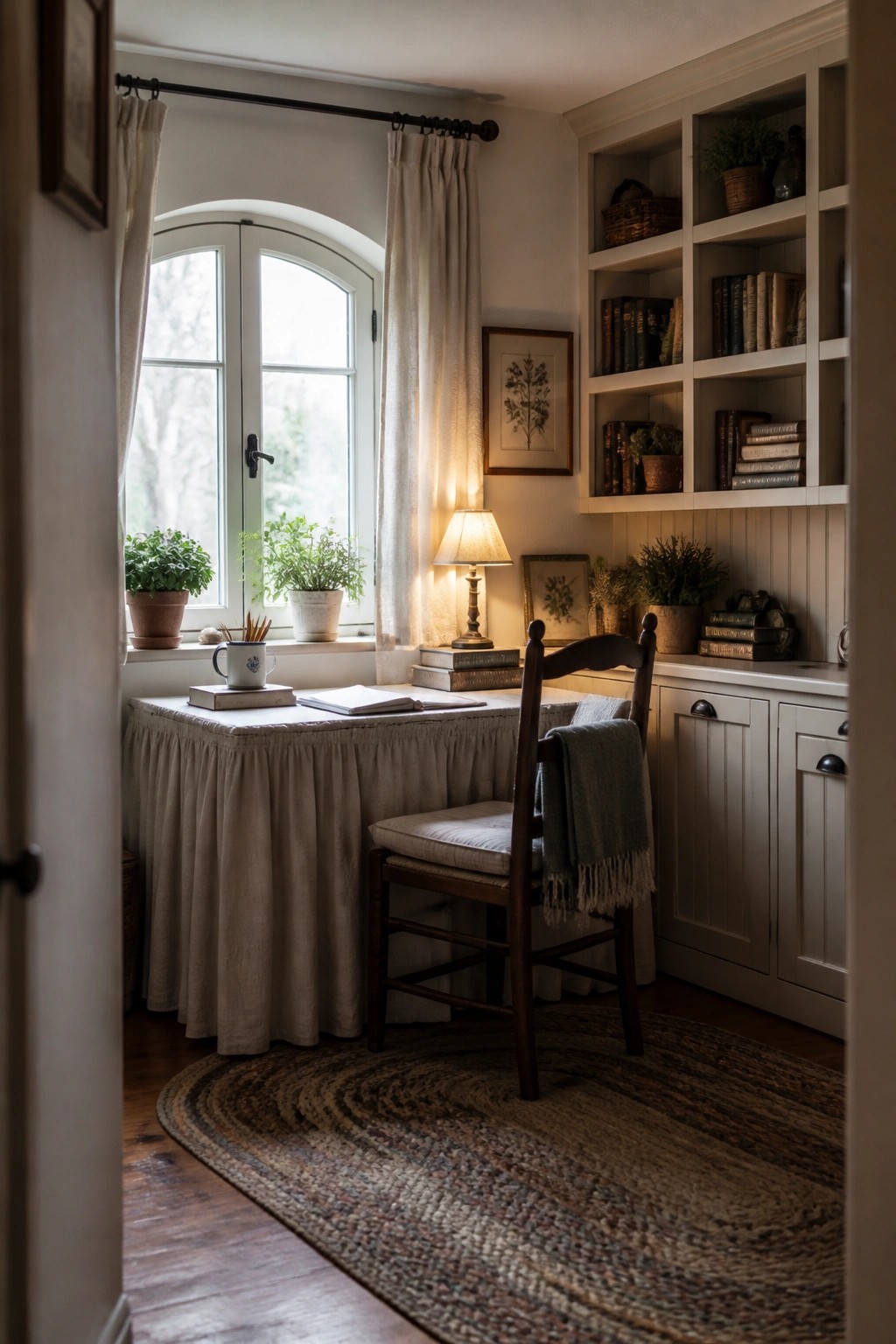 Cozy nook with skirted desk, wooden chair, woven rug, arched window, and bookshelves.