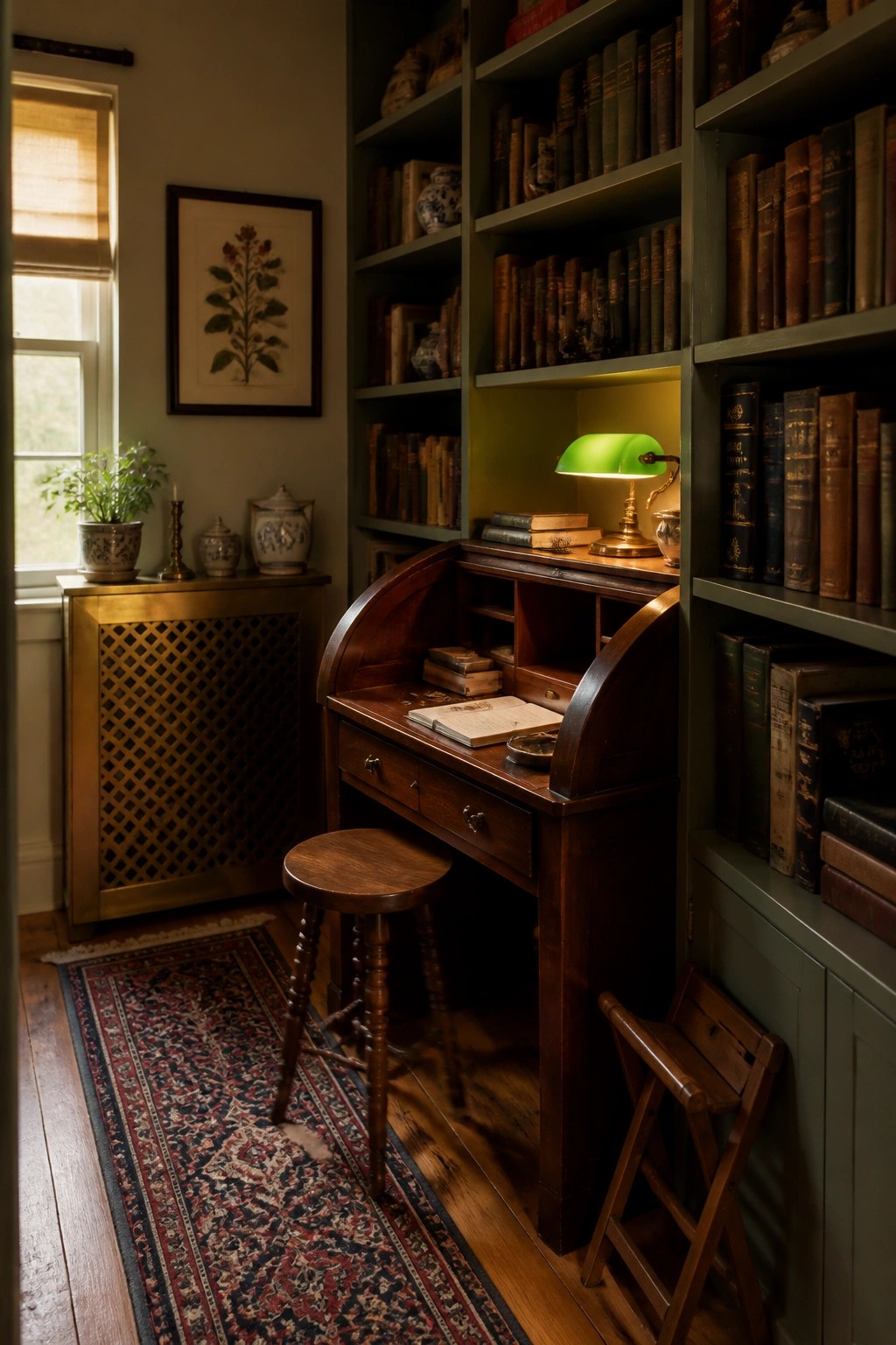 A compact wooden roll-top desk fitted between built-in green bookshelves in a small interior room, with an open book and green desk lamp on the surface.