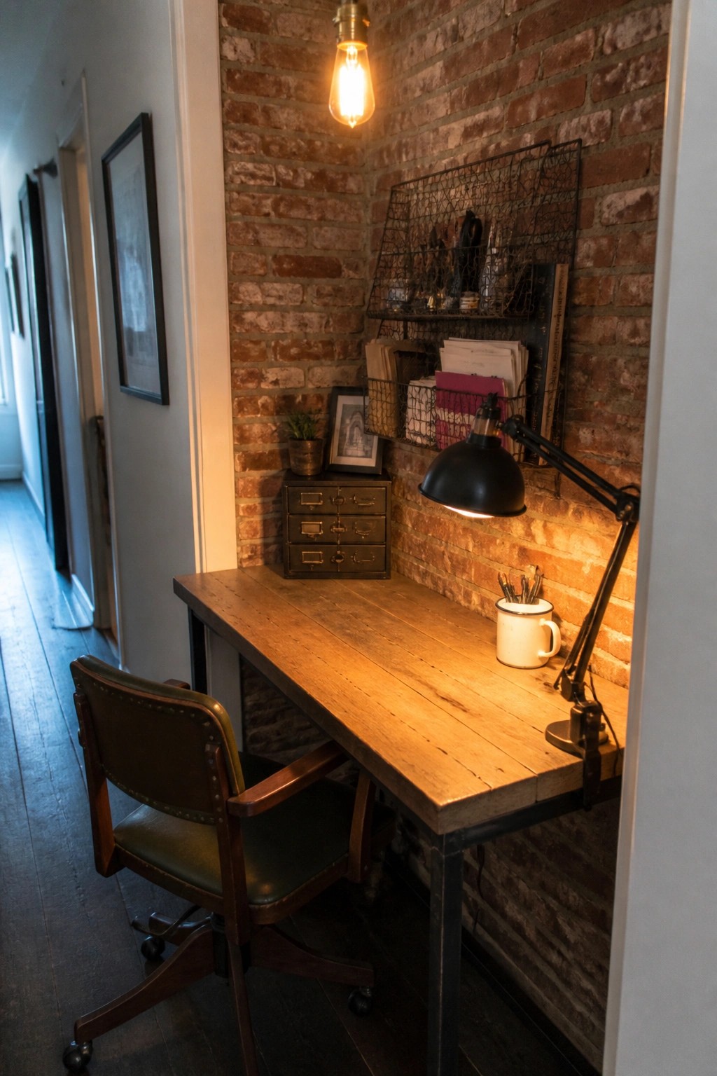 A wooden desk and green leather chair set against a red brick wall in a narrow interior corner, with a black adjustable desk lamp and wire wall baskets holding papers.