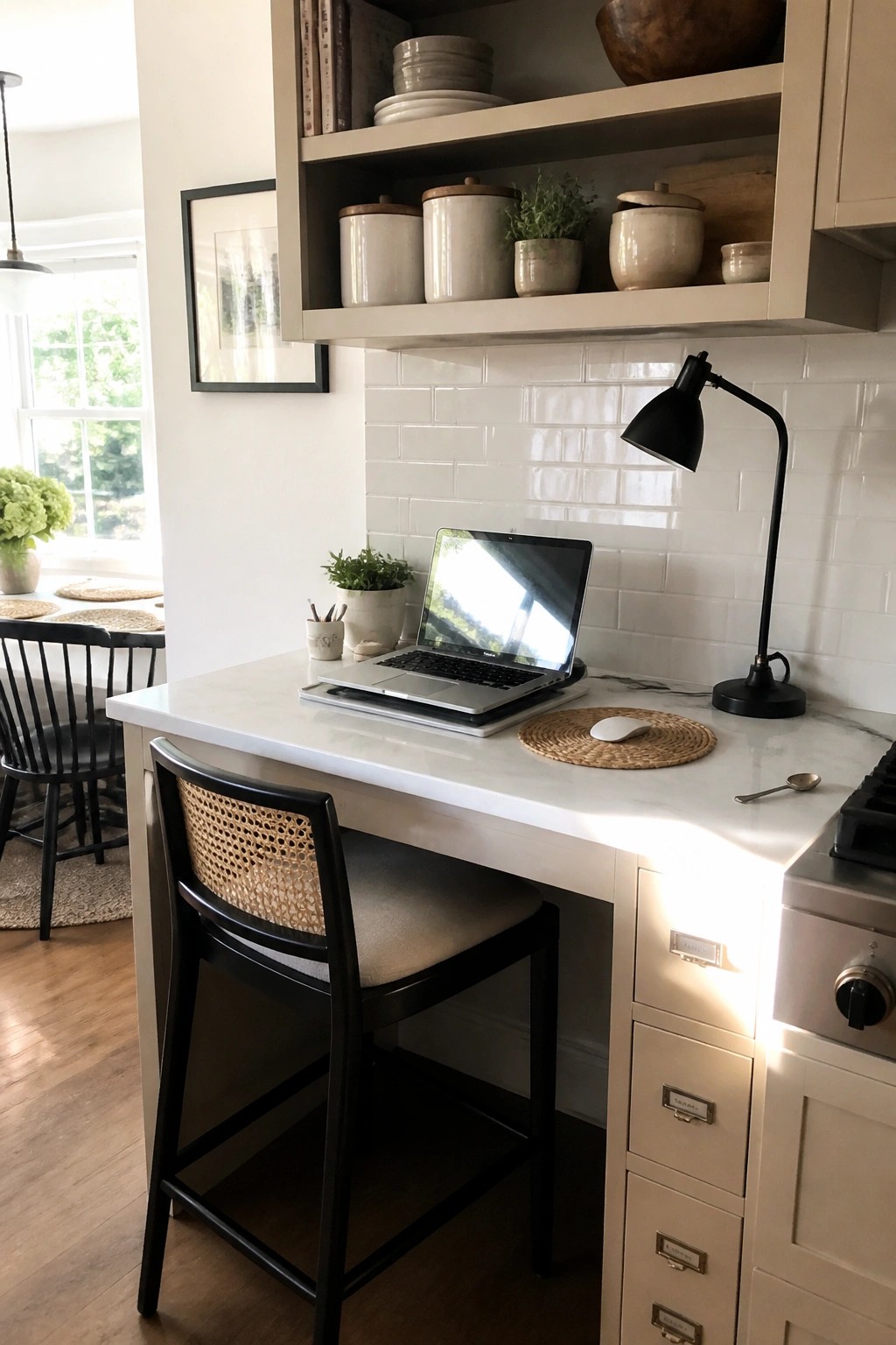 A kitchen counter workspace with a laptop, black desk lamp, woven chair, and open shelves holding ceramic canisters above white drawers.