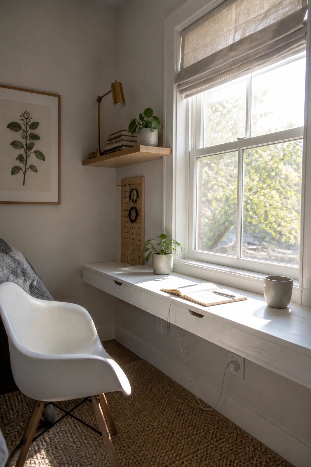A compact white built-in desk sits under a window with an open notebook and pen on the surface, a white molded chair in front, and a wooden floating shelf above holding books and a potted plant.