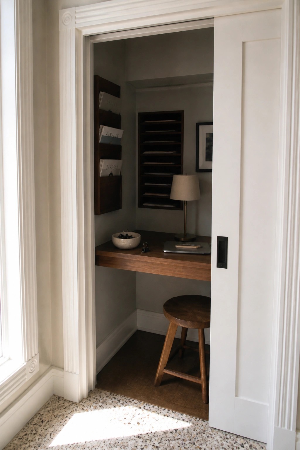 Compact wooden desk alcove with stool, lamp, bowl, and wall magazine holders