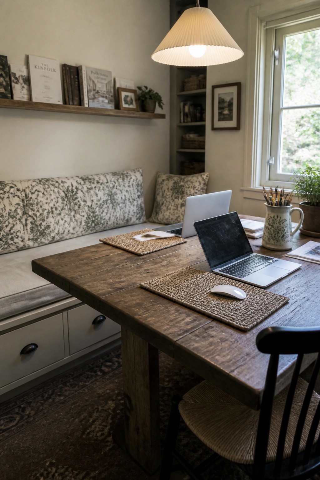 Rustic wooden table with laptops, mouse, and woven placemats in cozy room with bench seating
