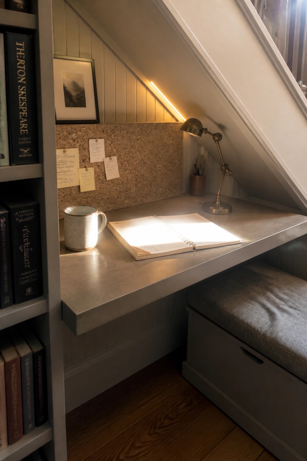 A built-in desk under a slanted ceiling holds an open notebook under a lit desk lamp, with a mug, corkboard with pinned notes, and bookshelves visible on the left.
