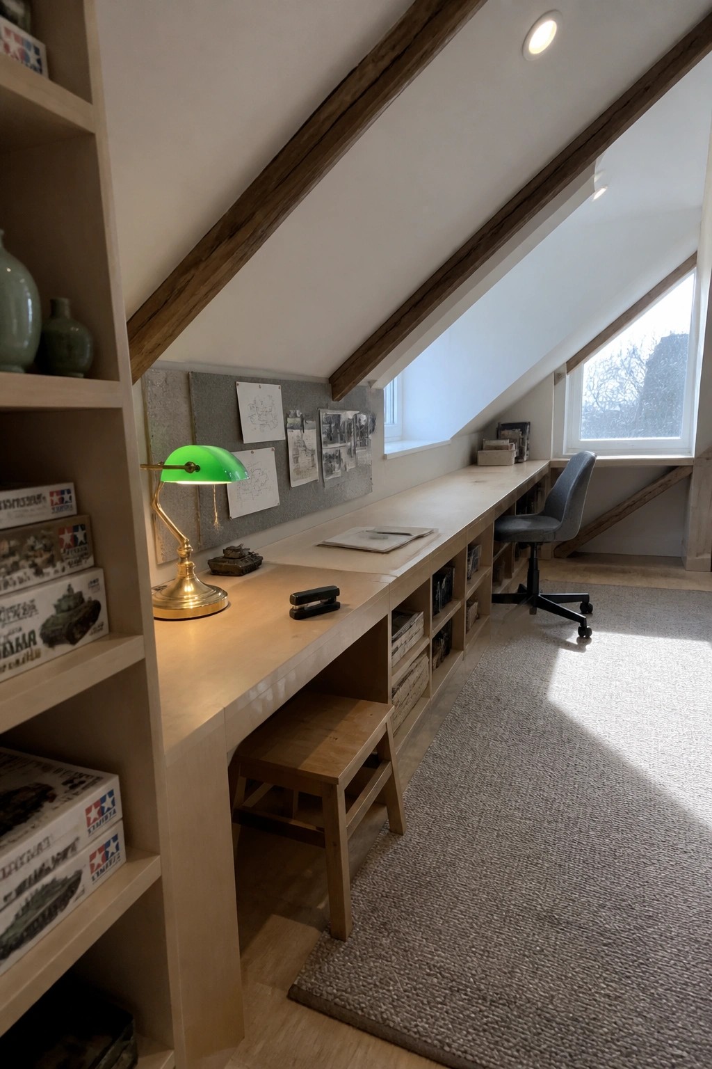A long built-in wooden desk with open cubby storage underneath runs along a wall under a sloped ceiling in an attic workspace.
