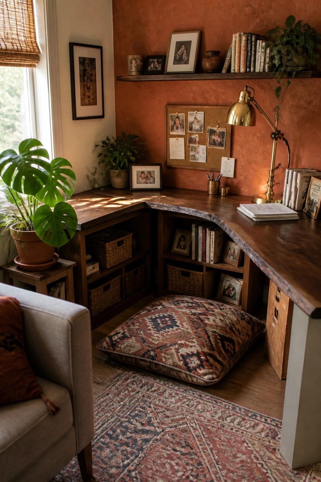 A wooden L-shaped corner desk with open shelving below holding baskets and books, a brass desk lamp, framed photos on a shelf above, and a patterned floor cushion in front.