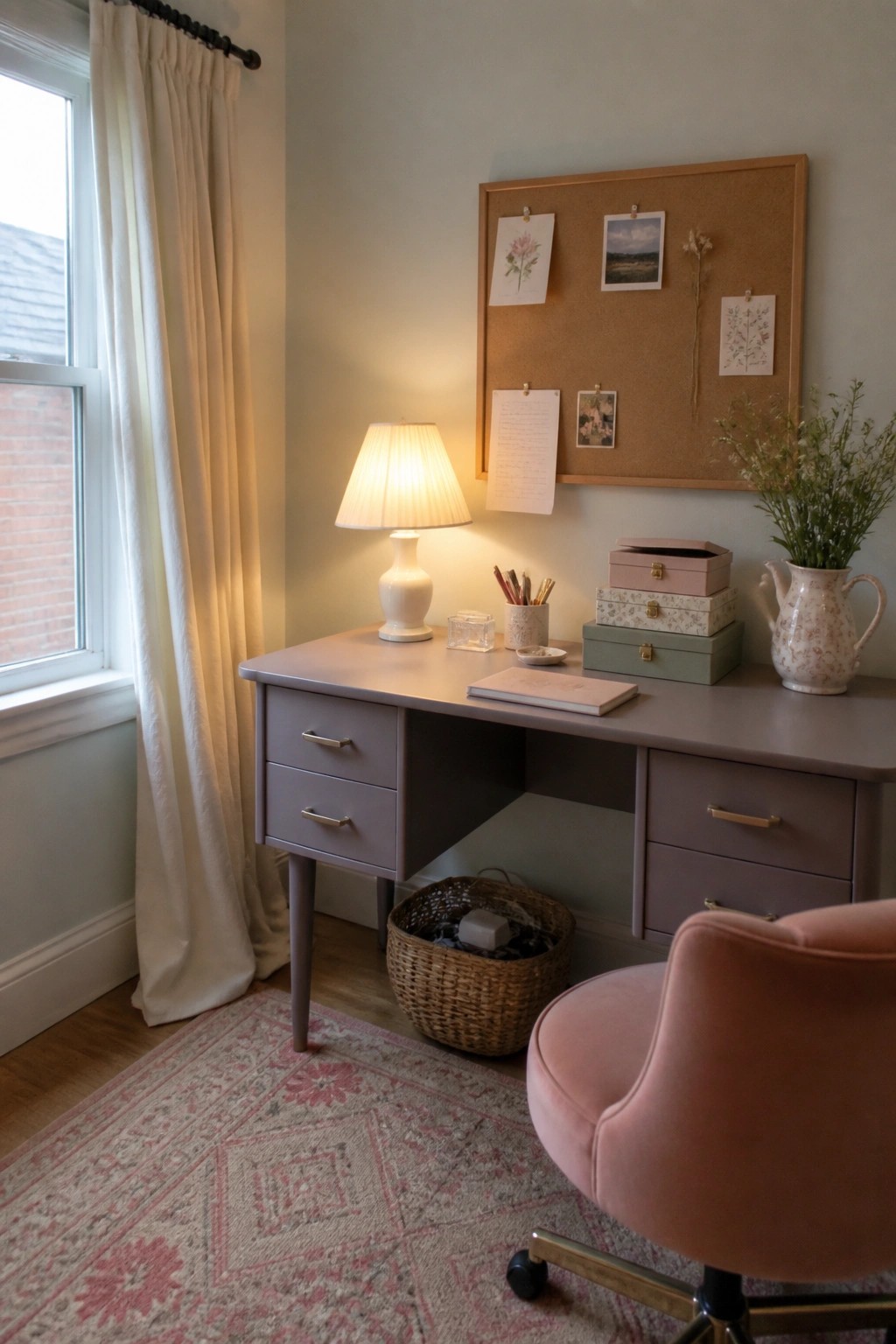 A small purple desk with drawers sits under a corkboard pinned with papers and images, with a lit lamp, notebook, and stacked boxes on the surface and a pink chair in front.