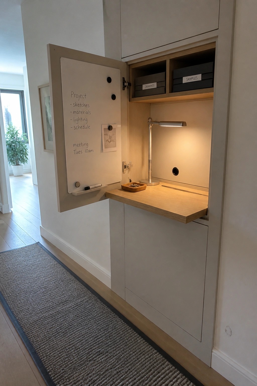An open built-in cabinet showing a fold-down wooden desk with a lamp, storage boxes, and a whiteboard on the inside of the door.