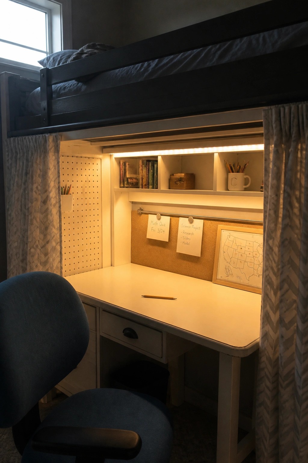 A white desk with overhead shelves, a pegboard on the left wall, and a corkboard sits beneath a black loft bed in a small room.