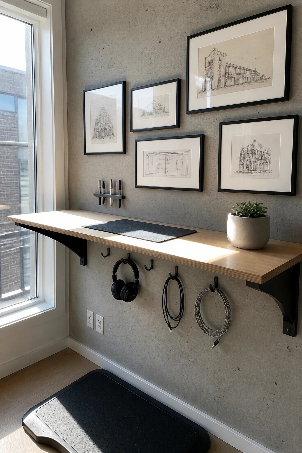 A light wood floating desk mounted on a gray concrete wall with black hooks holding headphones and cables below, framed sketches above, and a potted plant on the right end.