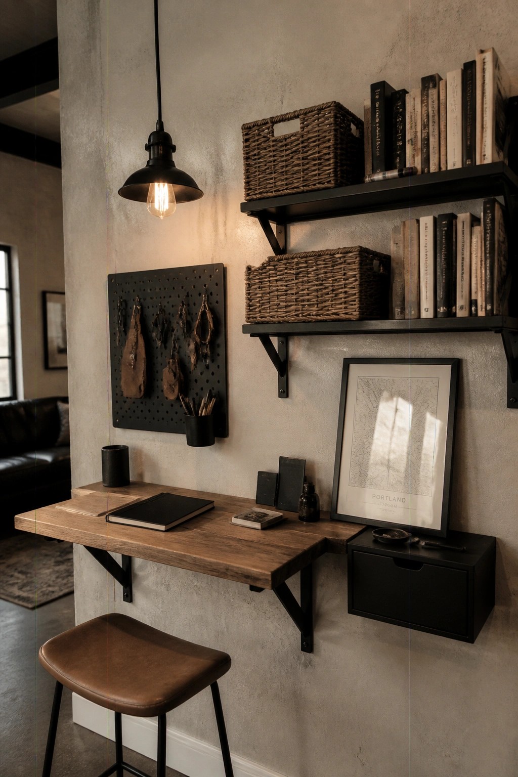 A wall-mounted wooden desk with black brackets sits below two black shelves holding books and woven baskets, next to a black pegboard with hanging tools and a brown stool in front.